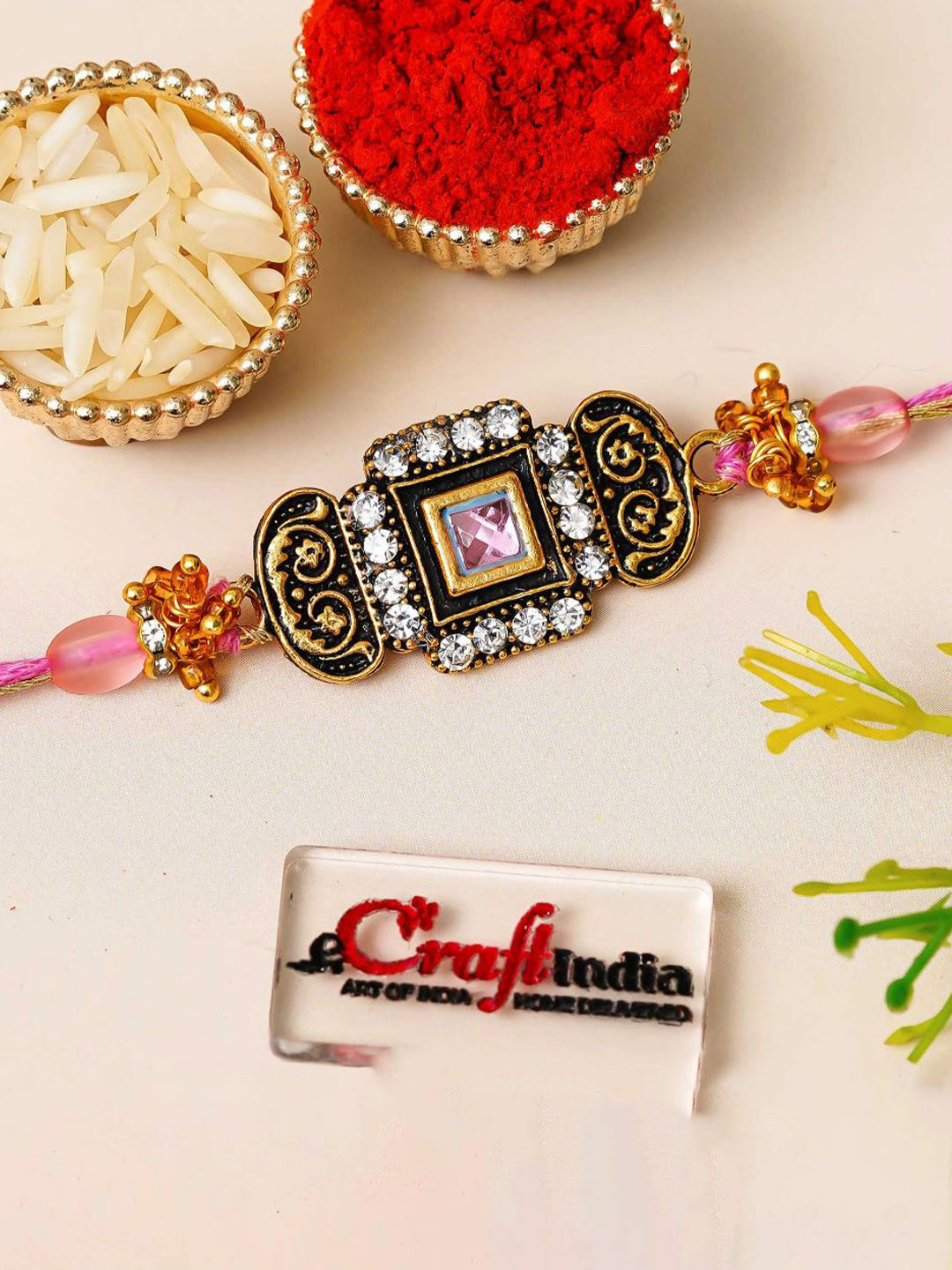 eCraftIndia Gold-Toned & Pink Designer Fancy Rakhi For Brother