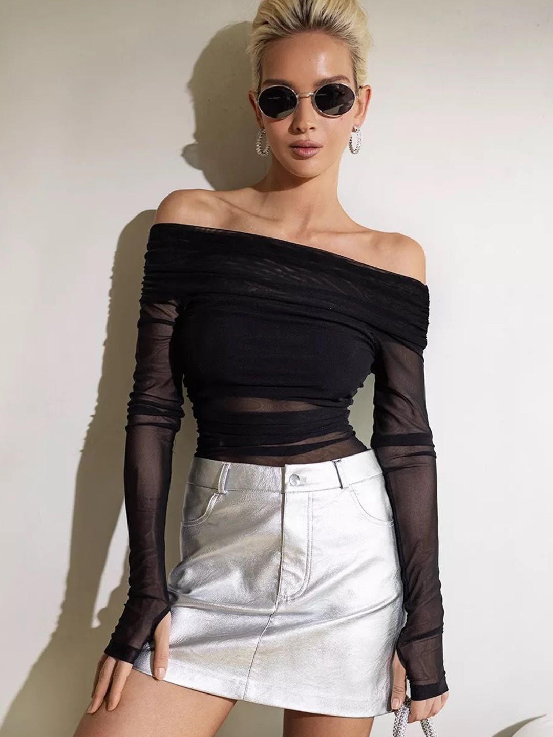 bebe Sheer Mesh Off-Shoulder Long Sleeve Top
