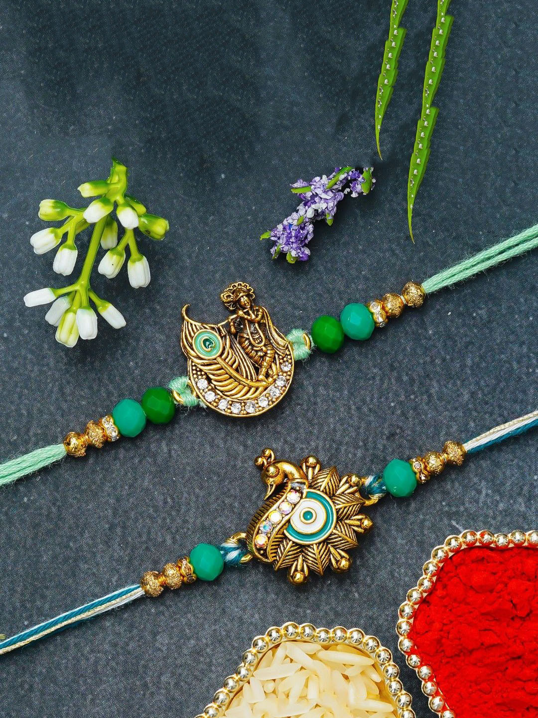 eCraftIndia Set Of 2 Peacock Krishna Rakhis for Brother Bhaiya Bhai Bhabhi Thread Rakhis