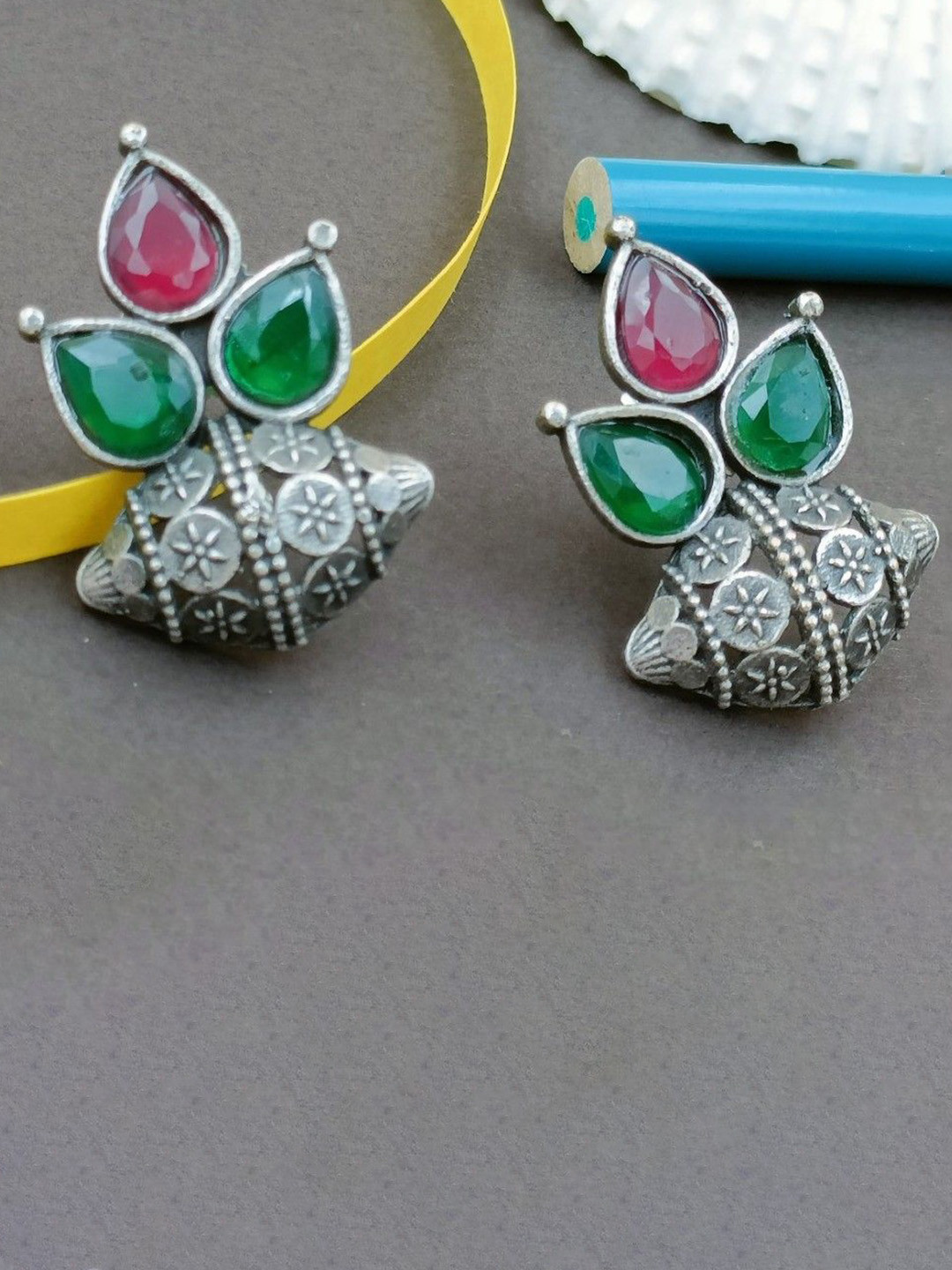 BLACKBOX German Silver Artificial Stones Studded Fish Shaped Drop Earrings