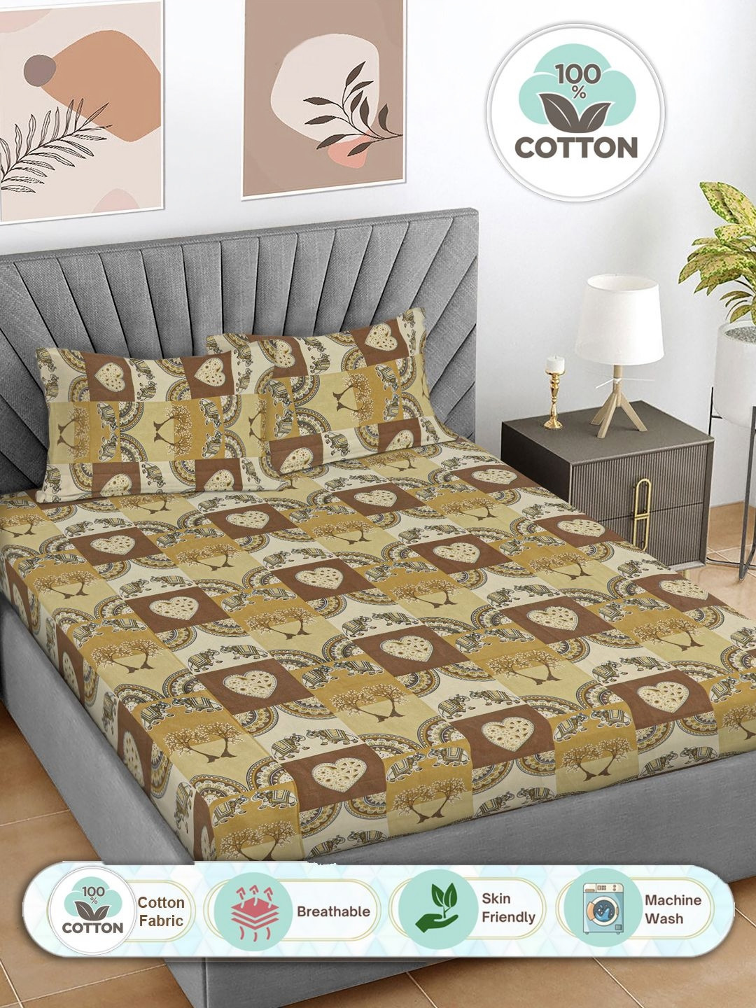 Myntra Elegant Homes Lounge Olive Ethnic Motifs Pure Cotton Skin-Friendly 300 TC King Fine Bedsheet with 2 Pillow Covers-98 x 89 inches