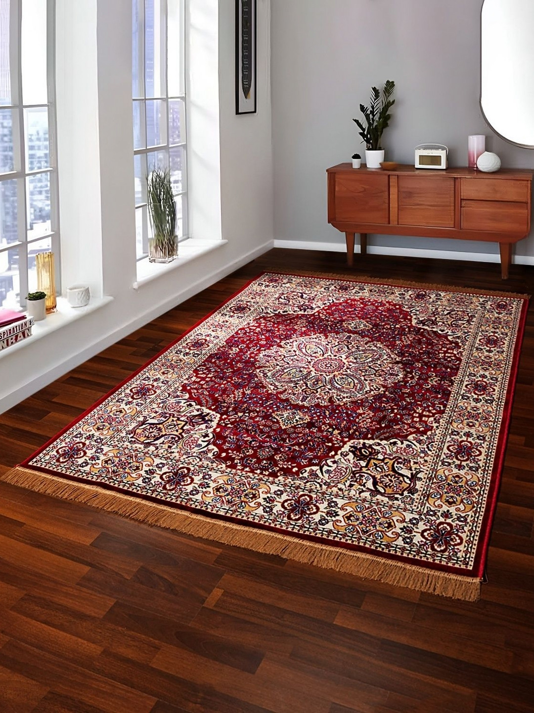 GRHAMOY Red & Beige Ethnic Motifs Printed Traditional Carpet