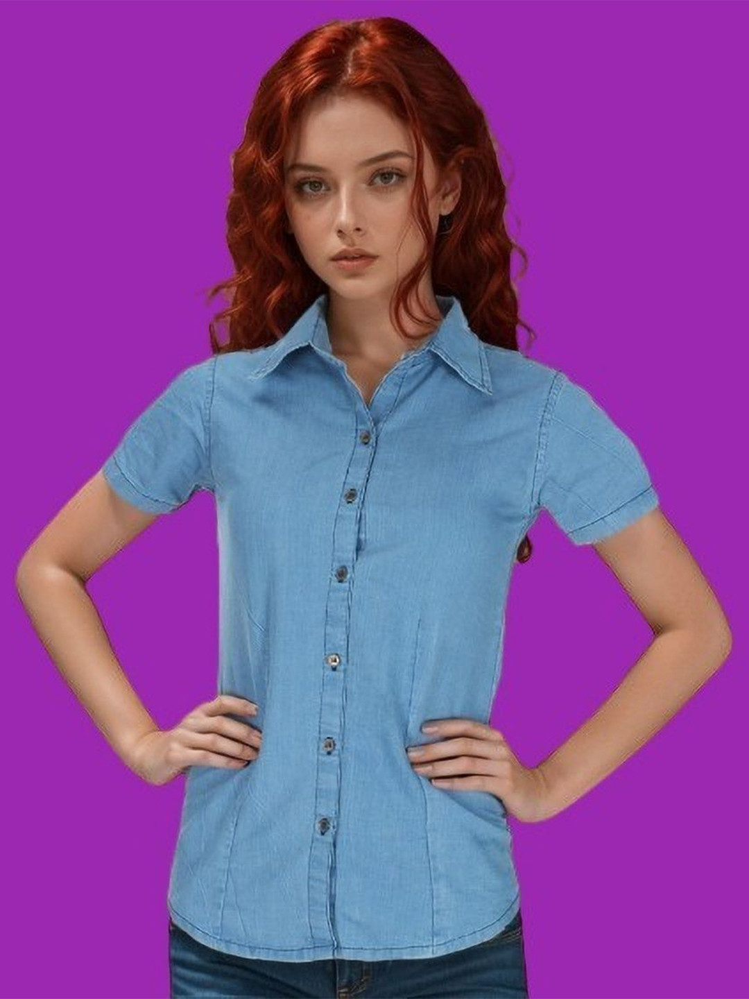 GIRLS WITH WINGS Women Spread Collar Short Sleeves Slim Fit Denim Shirt