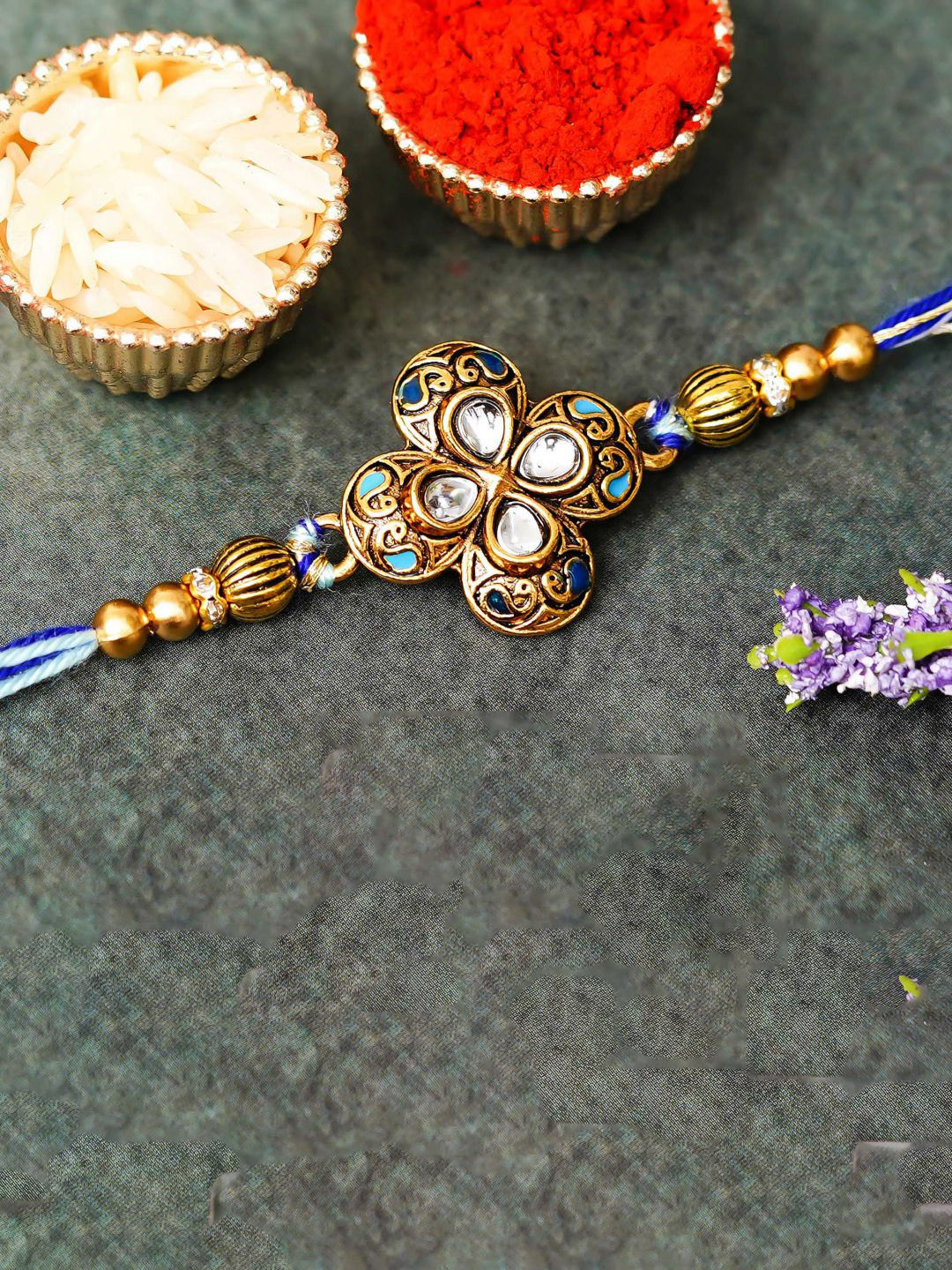 eCraftIndia Flower Kundan Designer Thread Rakhi With Roli Chawal