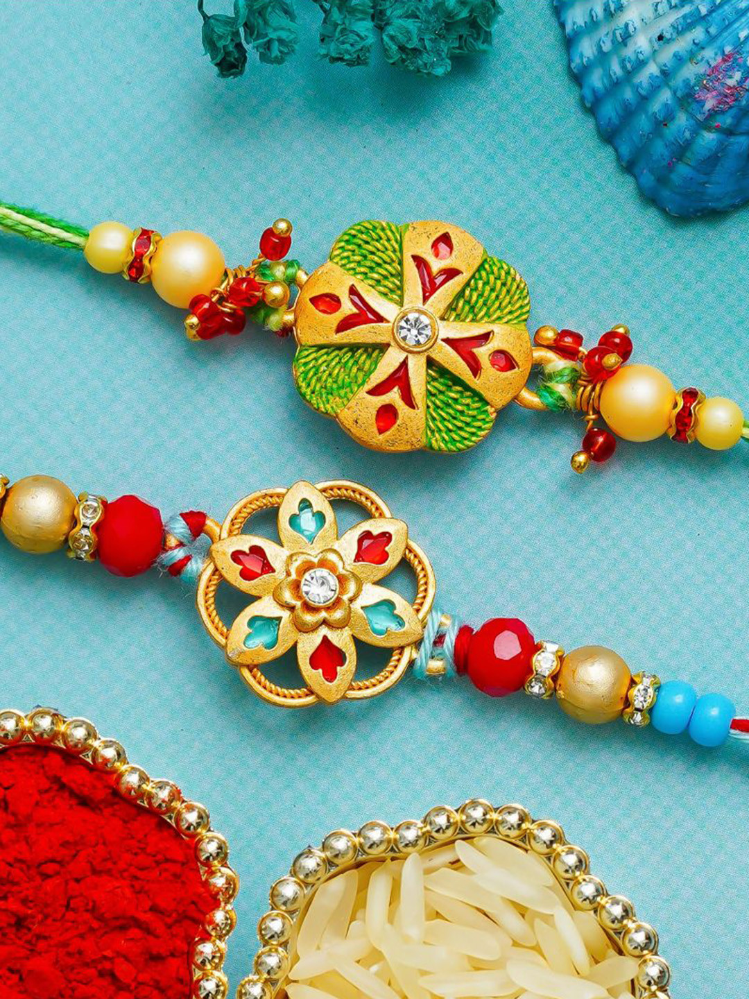 eCraftIndia Set Of 2 Beaded Beautiful Floral Designer Thread Rakhis With Roli Chawal