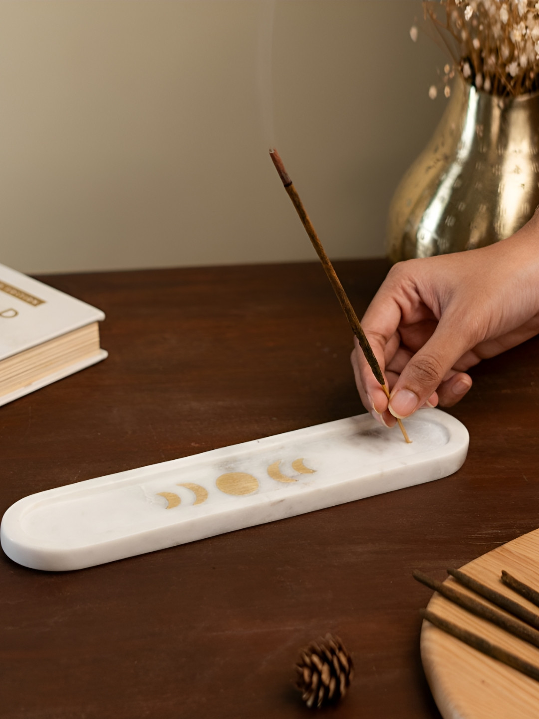 RITUALISTIC Marble Incense Holder with Metal Inlay Incense Burner & Pooja Item