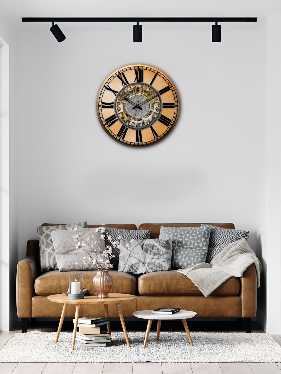 OLIVE TREE Wooden Wall Clock Brown & Black Printed Round Contemporary Wall Clock