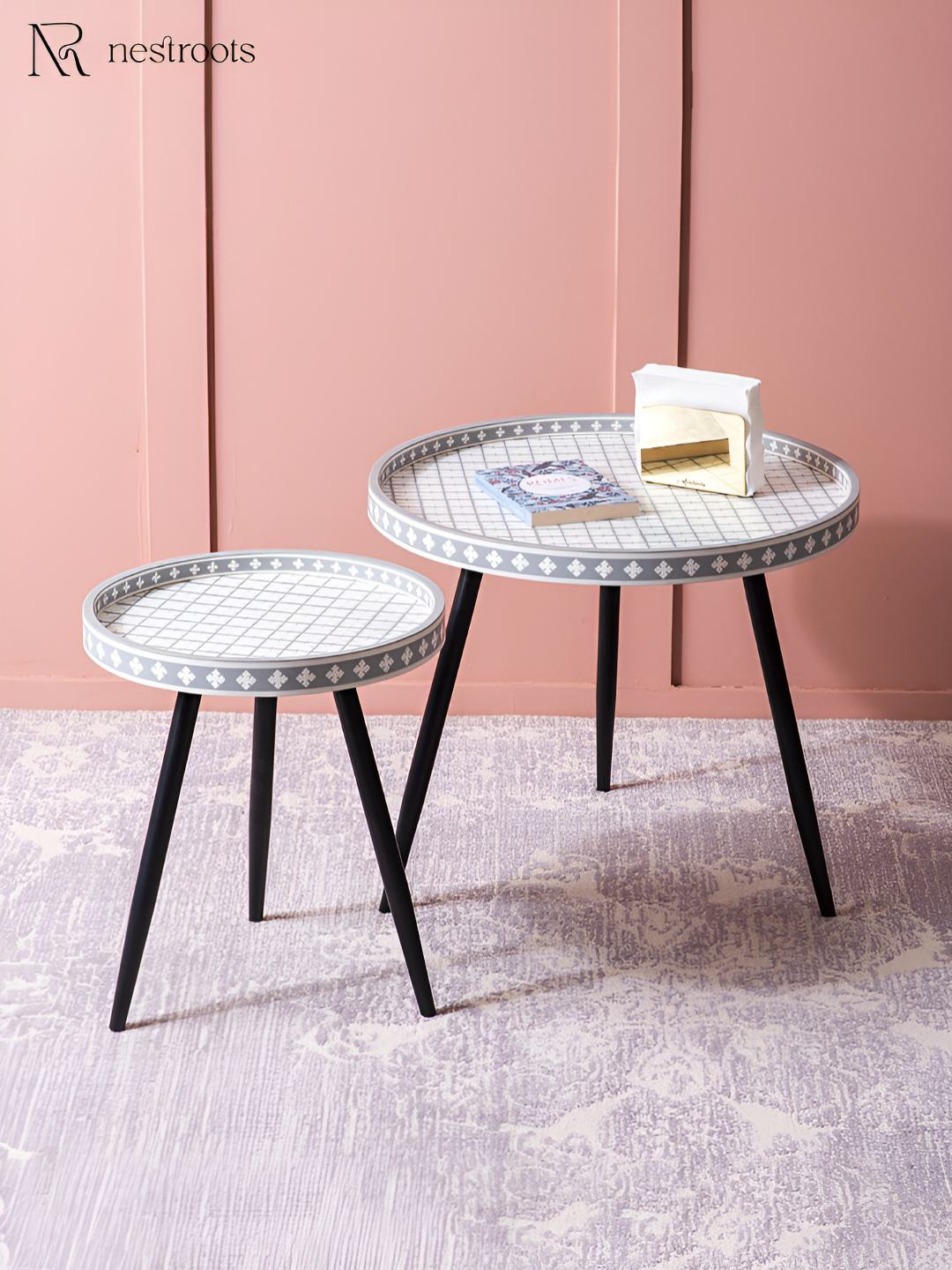 nestroots 2Pcs Grey & White Metal Mosaic Contemporary Side Coffee Table Set