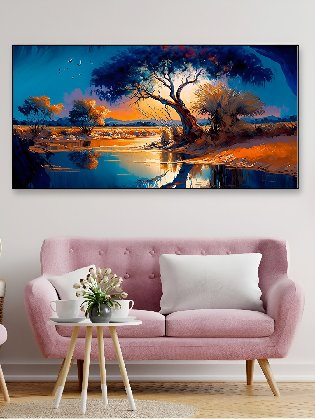 DEKORSTATION Blue & Orange Coloured Tree Printed Canvas Wall Paintings