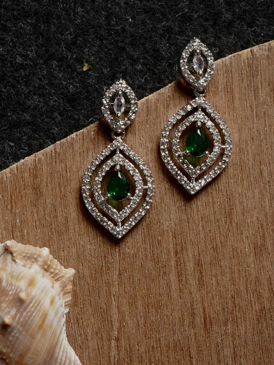 Gemron Jewel Rhodium-Plated American Diamond Studded Contemporary Drop Earrings
