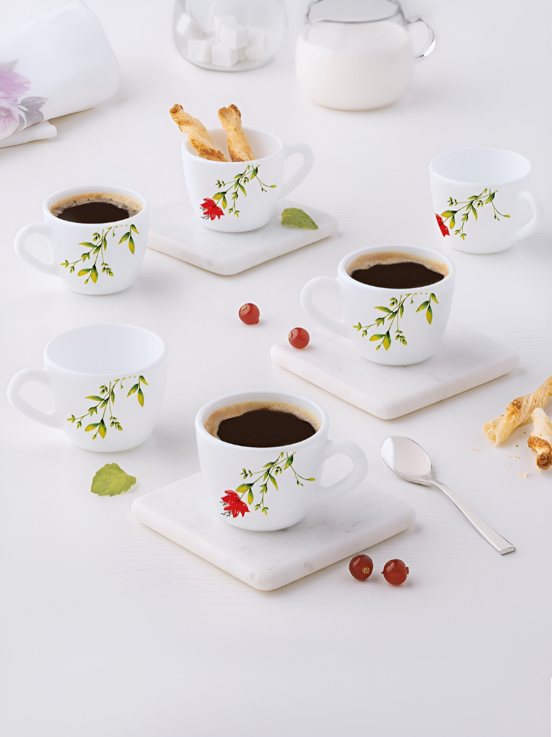 Larah by BOROSIL Oriental White & Green 6 Pieces Floral Printed Matte Cups 140ml