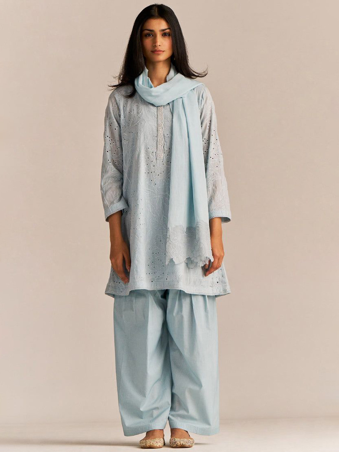 Ganga Floral Embroidered Thread Work Pure Cotton Kurta With Palazzos & Dupatta