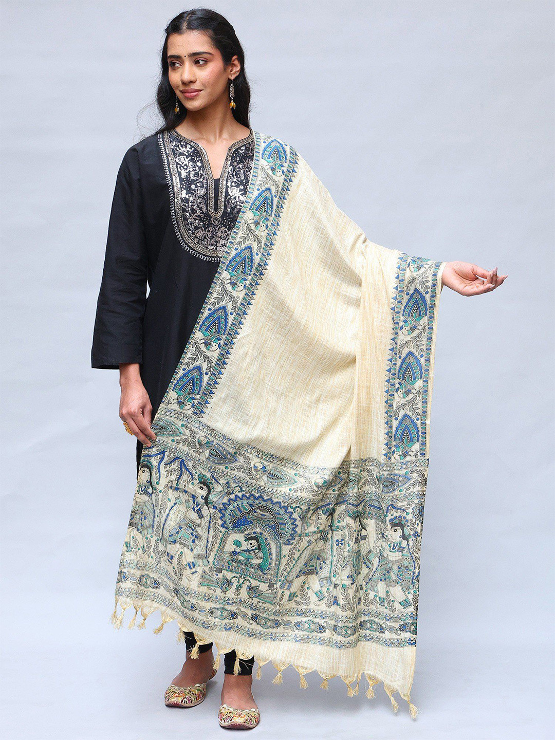 Exotic India Khadi Cotton Madhubani Art Shawl with Printed Palanquin And Peacocks Border