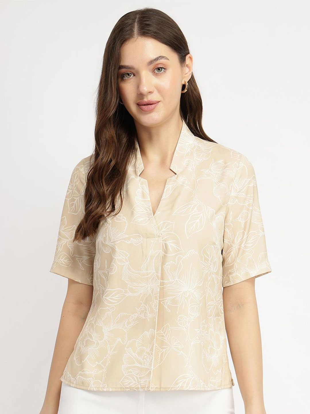 FableStreet Floral Front Pleat Top - Beige