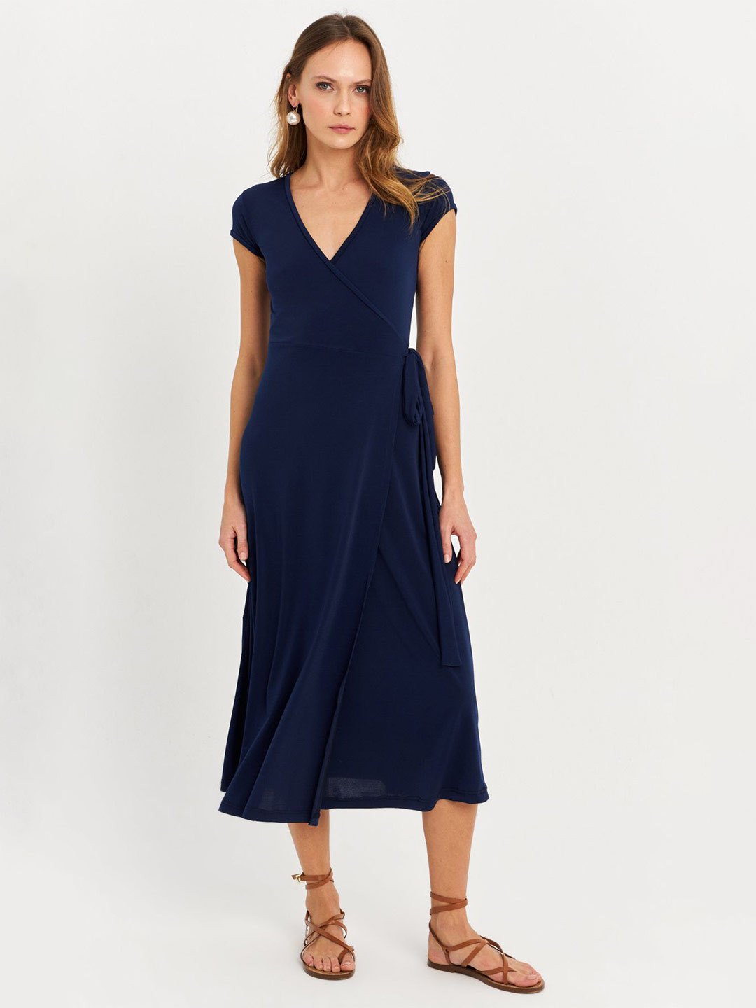 Cool & Sexy Women V Neck Short Sleeves Wrap Midi Dress