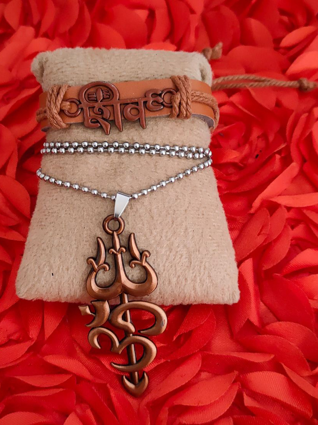 M Men Style Stainless Steel Gold Plated Religious Mahadev Leather Bracelet And Pendant