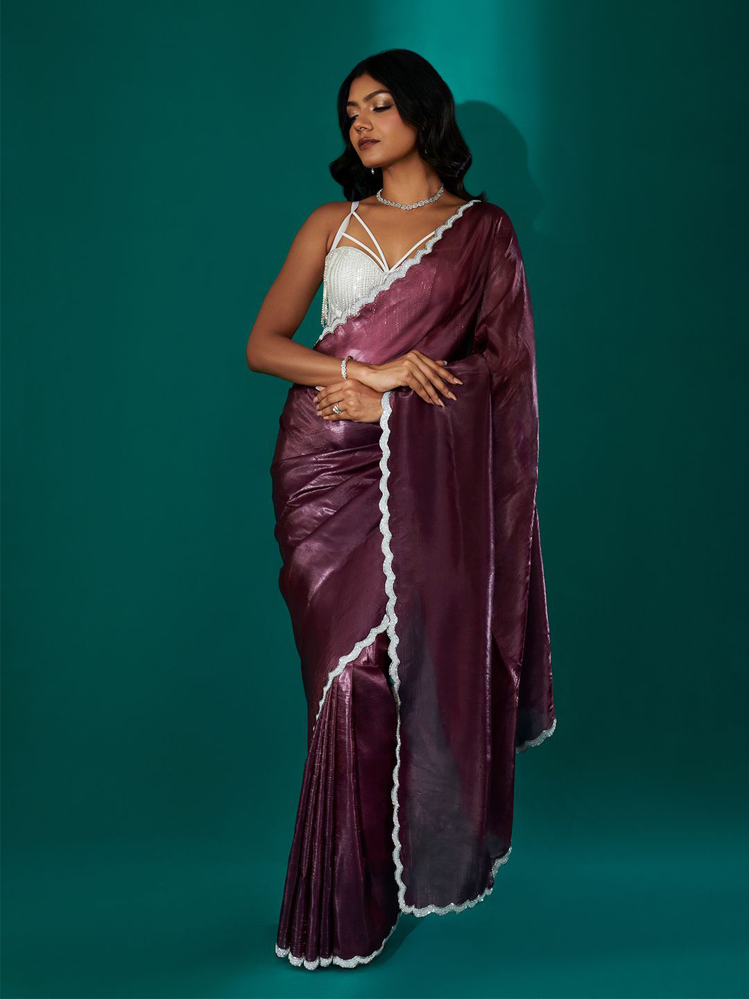TEEJH Kaanch Burgundy Shimmer Tissue Saree