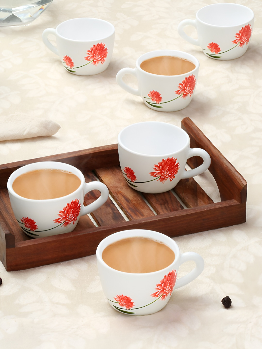 Larah by BOROSIL Latte White Floral Opalware Microwave Safe 6 Piece Cups-140ml