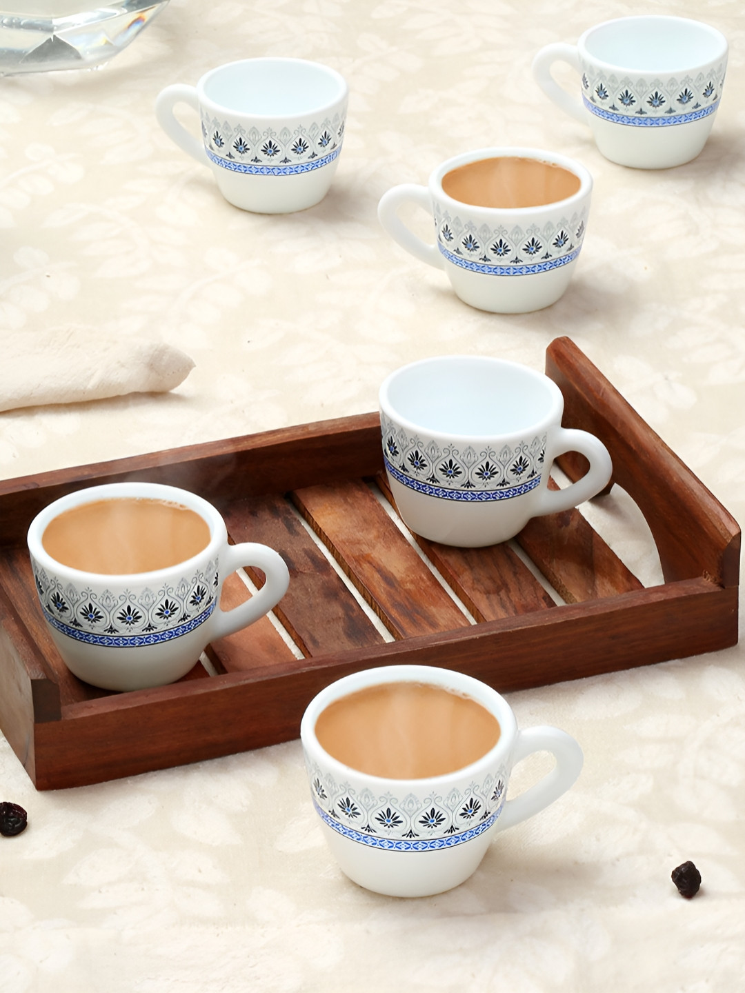 Larah by BOROSIL Ocean White & Blue 6 Pieces Ethnic Motifs Printed Matte Cups 140ml