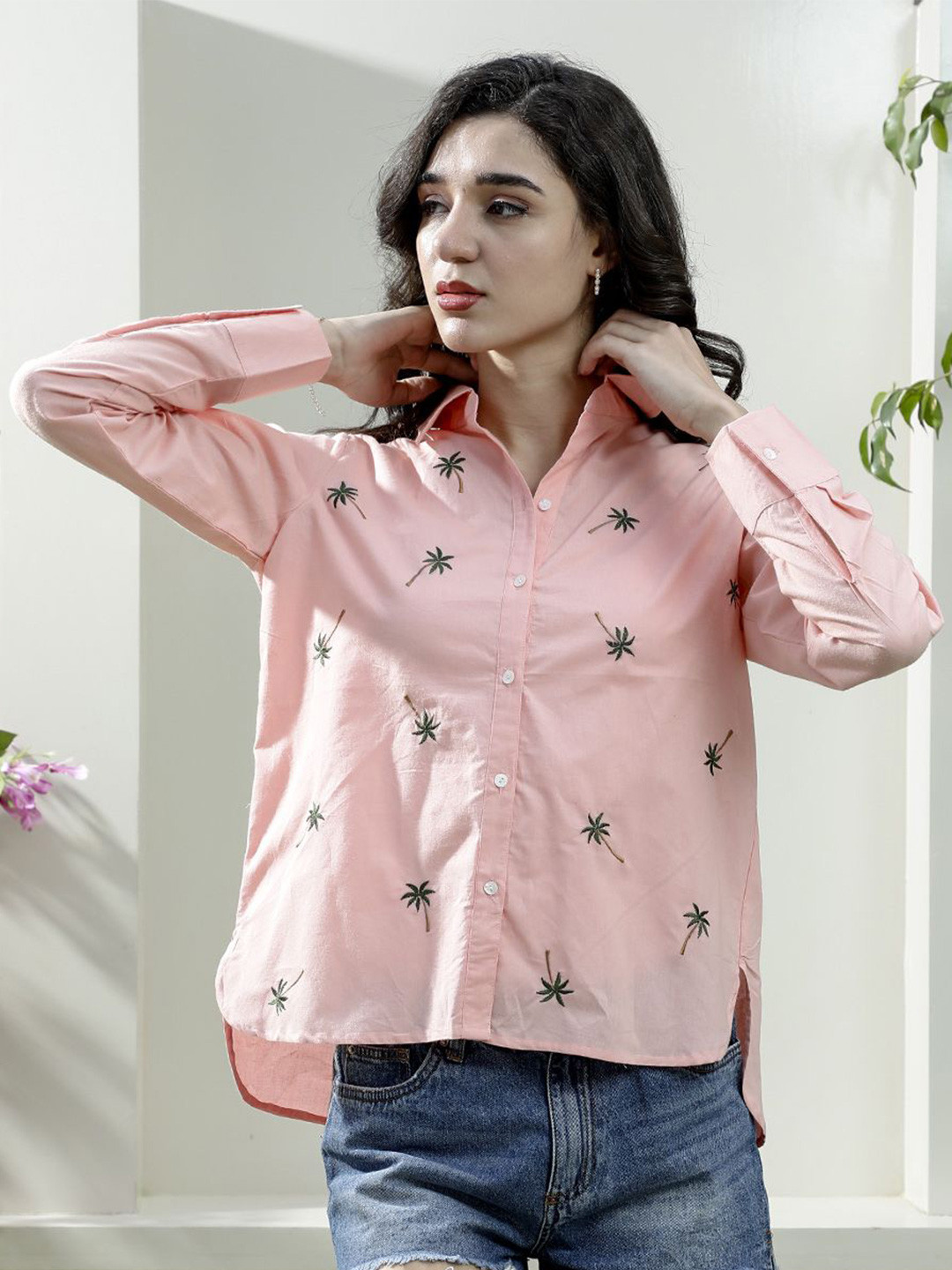 Athena Floral Embroidered Spread Collar High Low Pure Cotton Relaxed Shirt