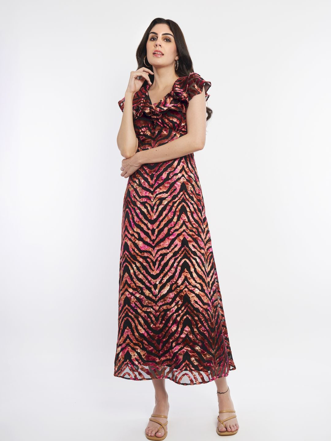 How When Wear Print Flutter Sleeve Velvet Maxi Dress