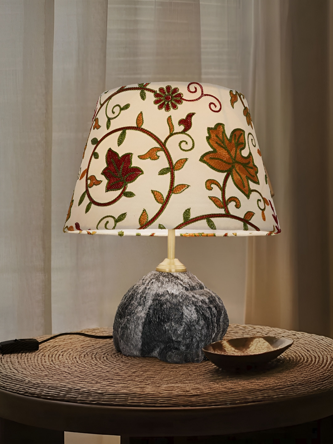 Fos Lighting Black & Green Embroidered Terracotta Frusturical Shaped Table Lamp