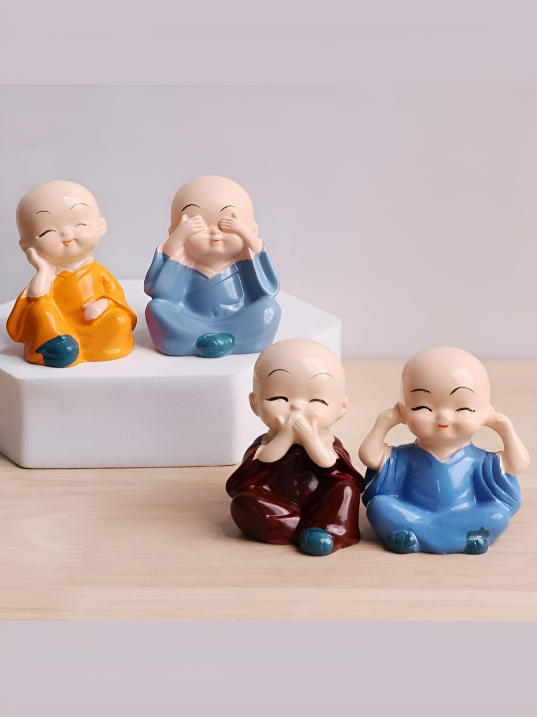 SSS SCULPTURE Baby Monk Blue Ceramic Glossy Living Room Set of 4 Tiny Showpieces - 1.4 Inches