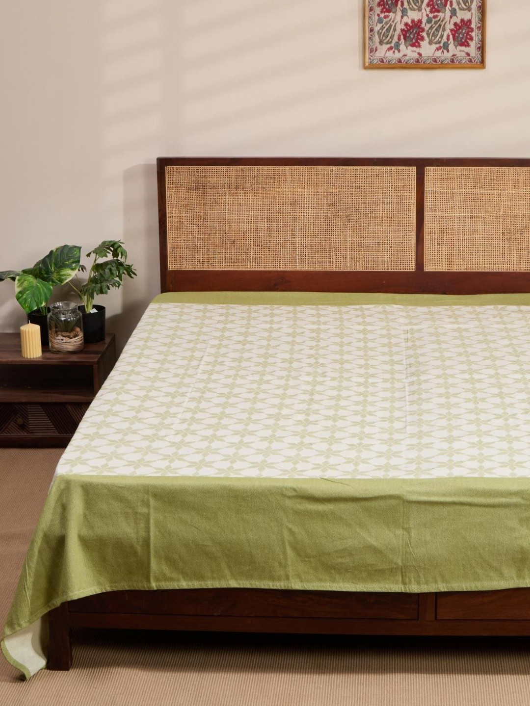 Fabindia Green Jarul Cutwork Printed King SizeBedCover