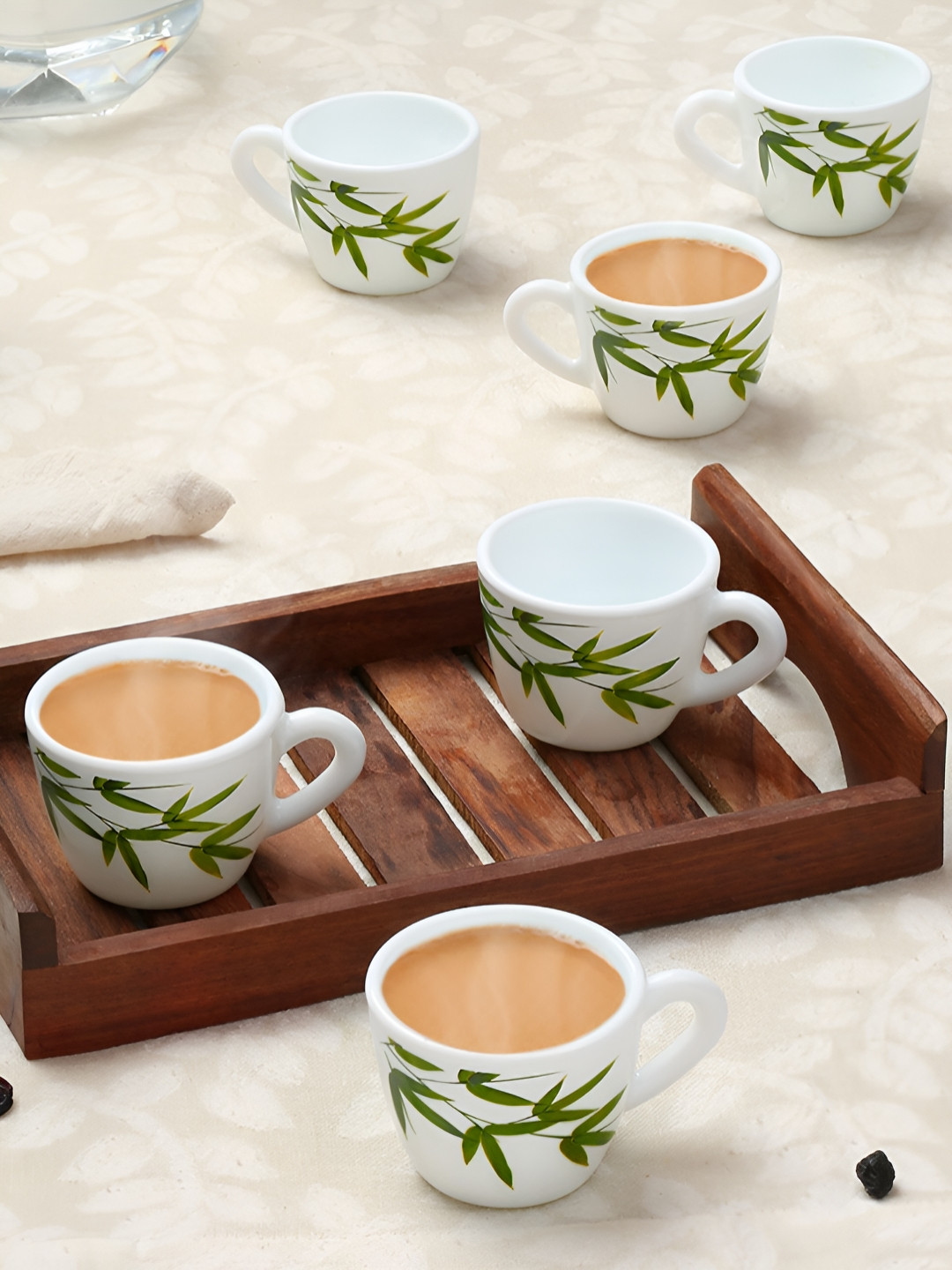 Larah by BOROSIL Bamboo Leaves 6 Pieces Opalware Tea & Coffee Cups - 90ml