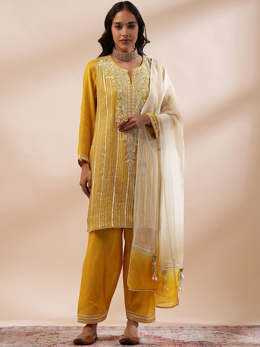 Kyra Striped Self Design Notch Neck Chanderi Cotton Kurta With Trousers & Dupatta