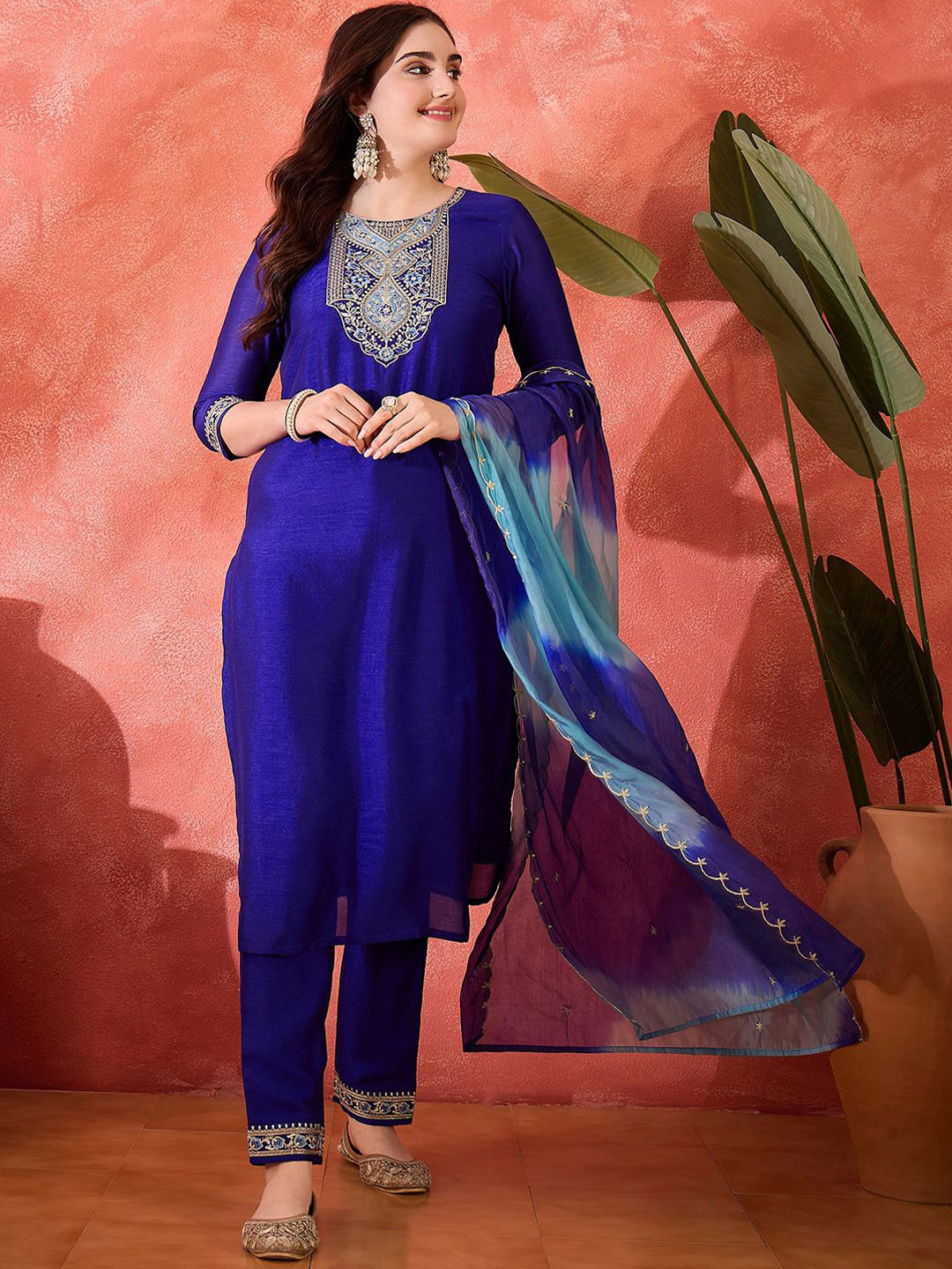 Sangria Vichitra Zari Sequence Embroidered Straight Kurta & Trousers With Dupatta