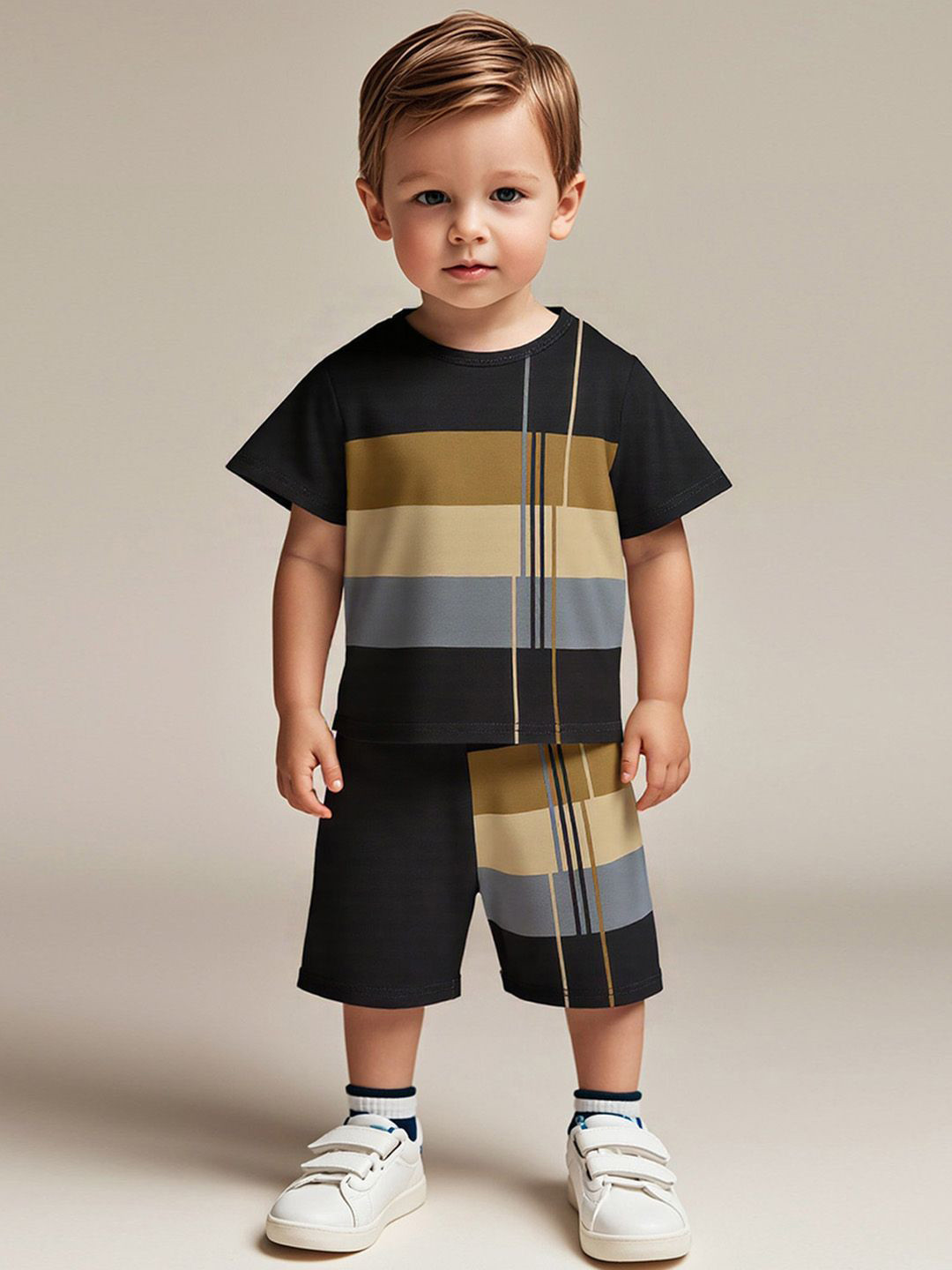 INCLUD Boys Striped Black Colourblocked Short Sleeves T-shirt With Shorts Clothing Set