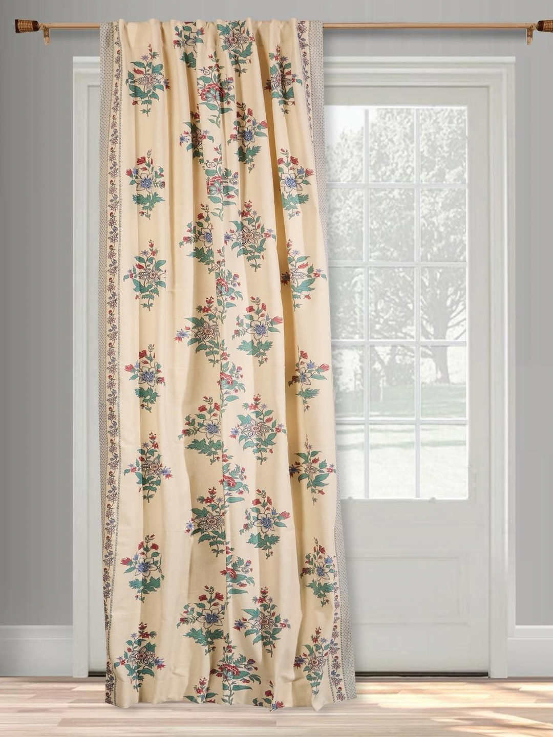 Fabindia Wabi Sabi Beige & Green Floral Printed Cotton Door Curtain