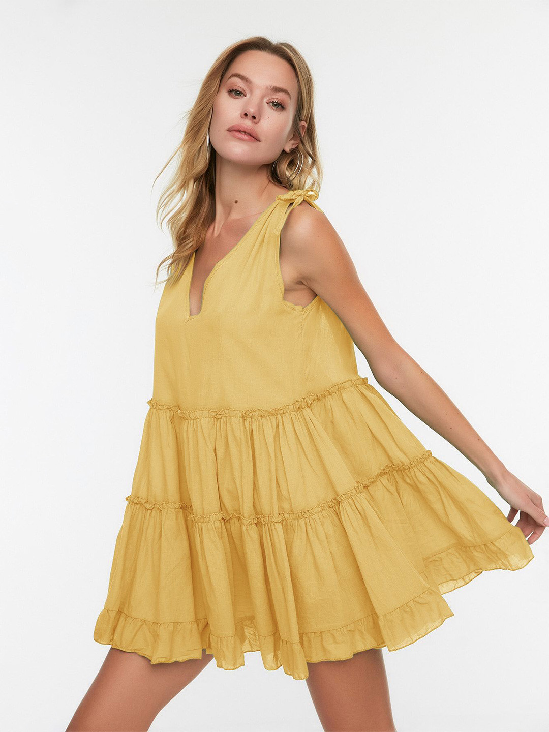 Trendyol Solid Plunge Neck Fit and Flare Tiered Mini Dress