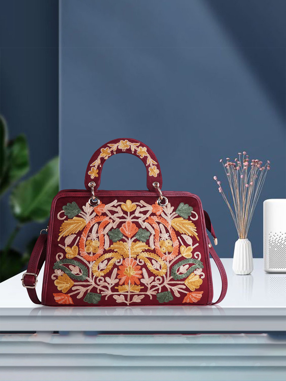 VELUCIA Floral Self Design Structured Satchel with Quilted