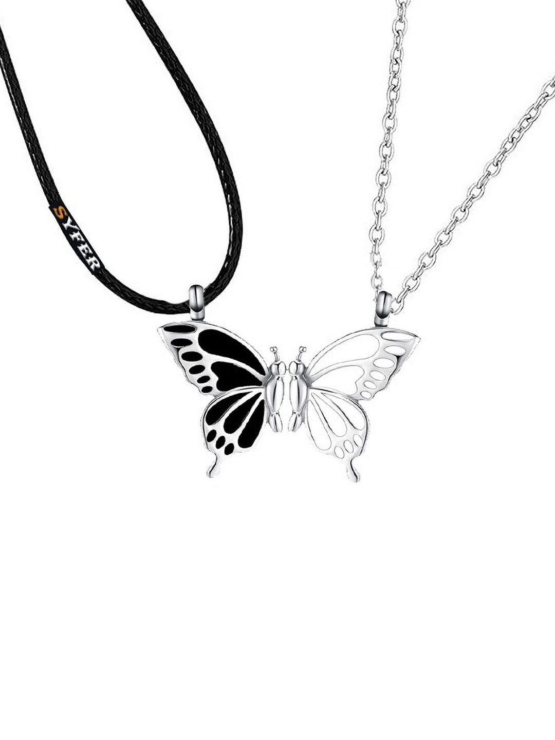 shobhram Rhodium-Plated Magnetic Butterfly Shaped Couple Pendant With Chain