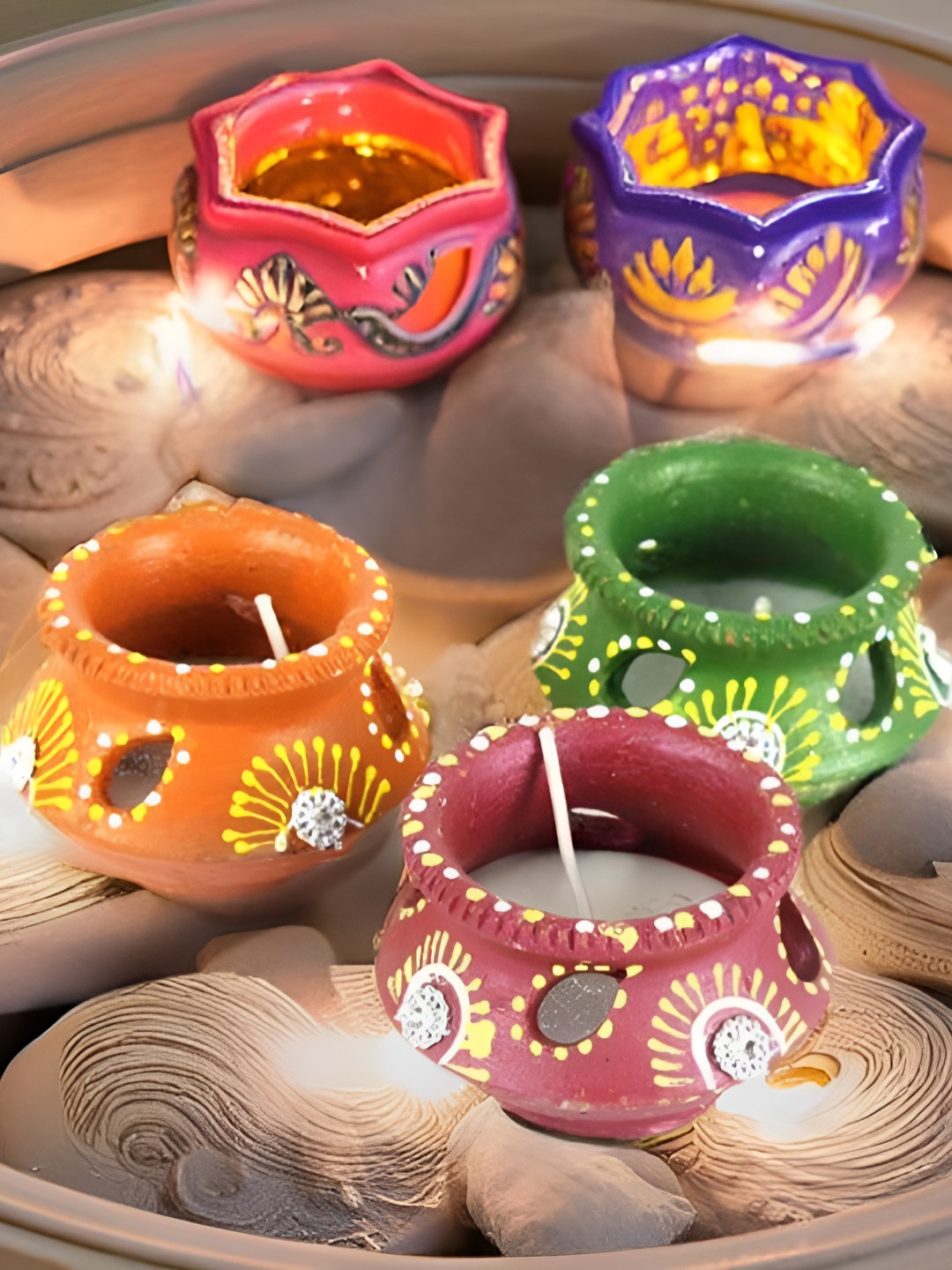 Kraftlik Handicraft Set Of 6 Green & Red India Diya Idol