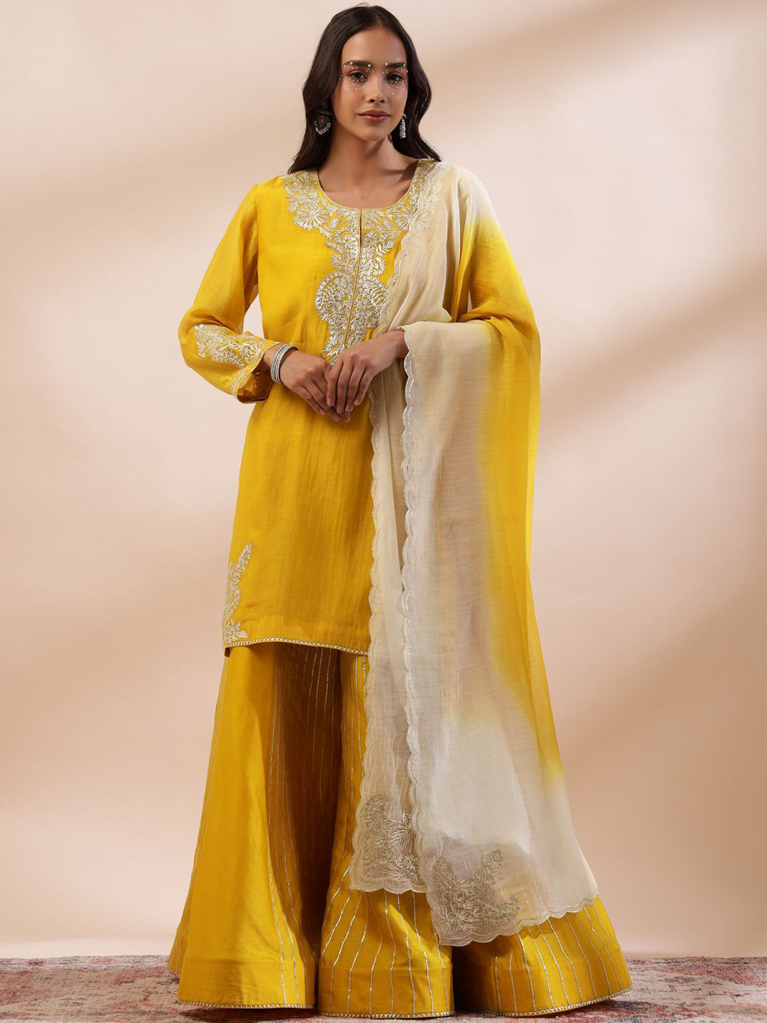 Kyra Floral Embroidered Gotta Patti Work Chanderi Cotton Kurta With Sharara & Dupatta