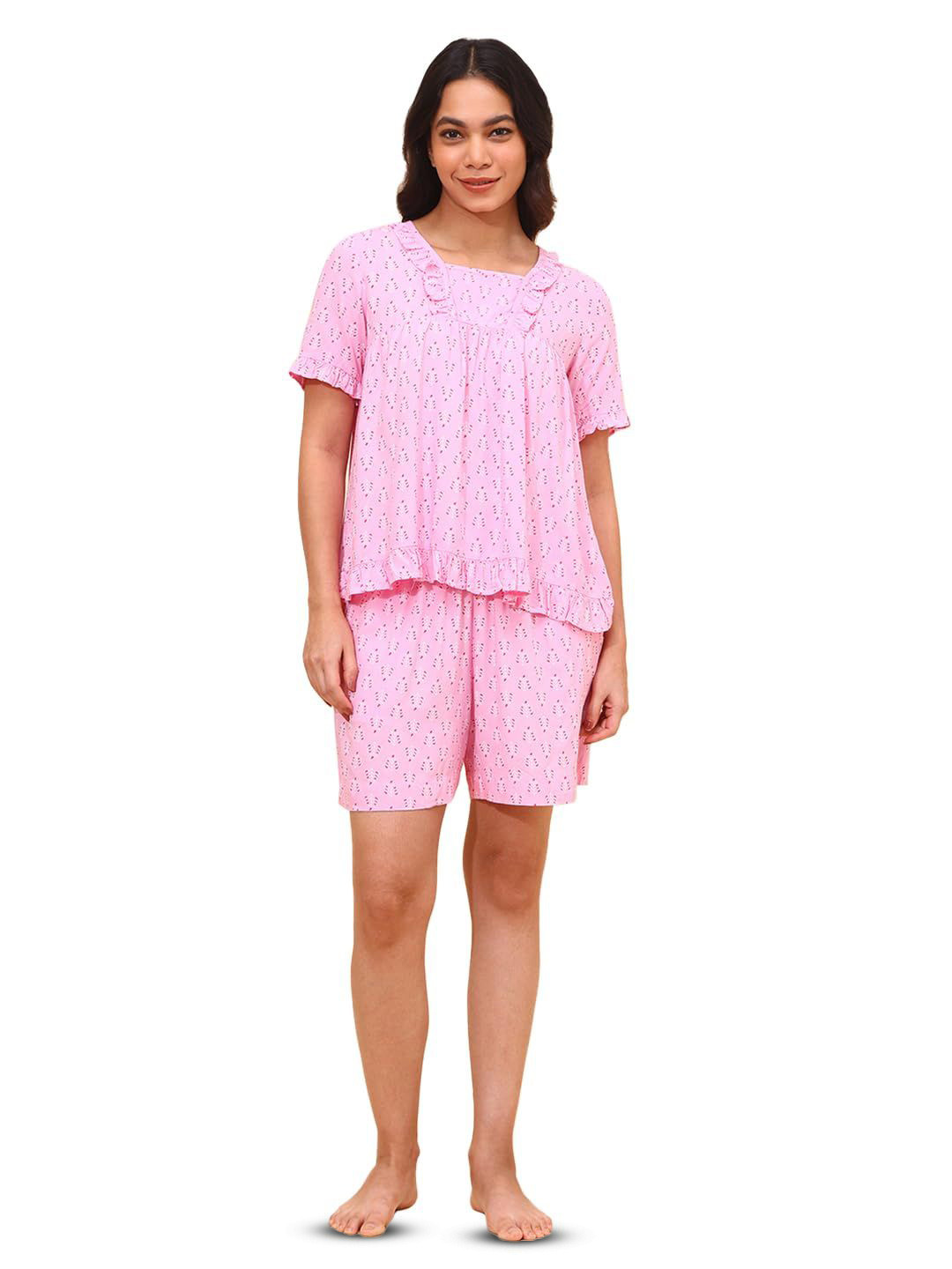 YELLOW BLOOM Blushing Leaf Printed Top With Shorts Night Suit