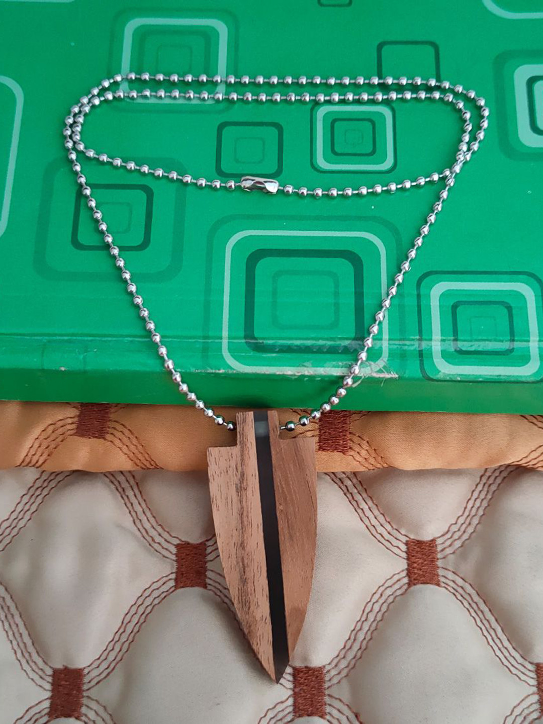 M Men Style Stainless Steel Geometric Long Bar Wood and Green Wood Resin Boho Pendant