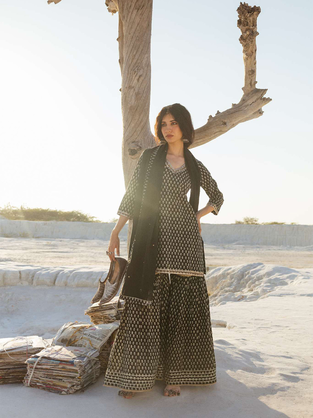 KARAJ JAIPUR Women Black Block Print Gotta Patti Pure Cotton Sharara Set