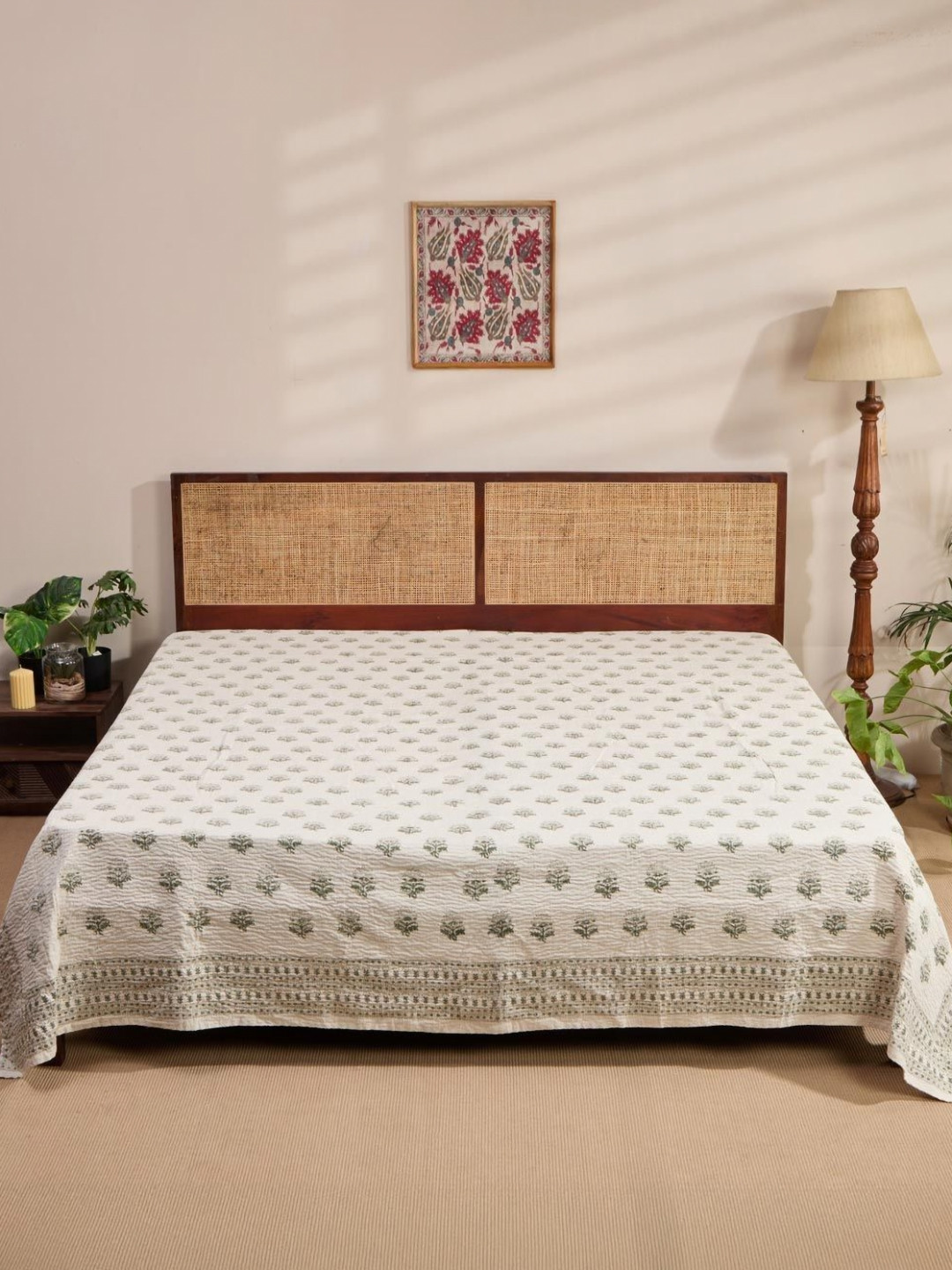 Fabindia Green & Beige  Khus Gudri Embroidered King SizeBedCover
