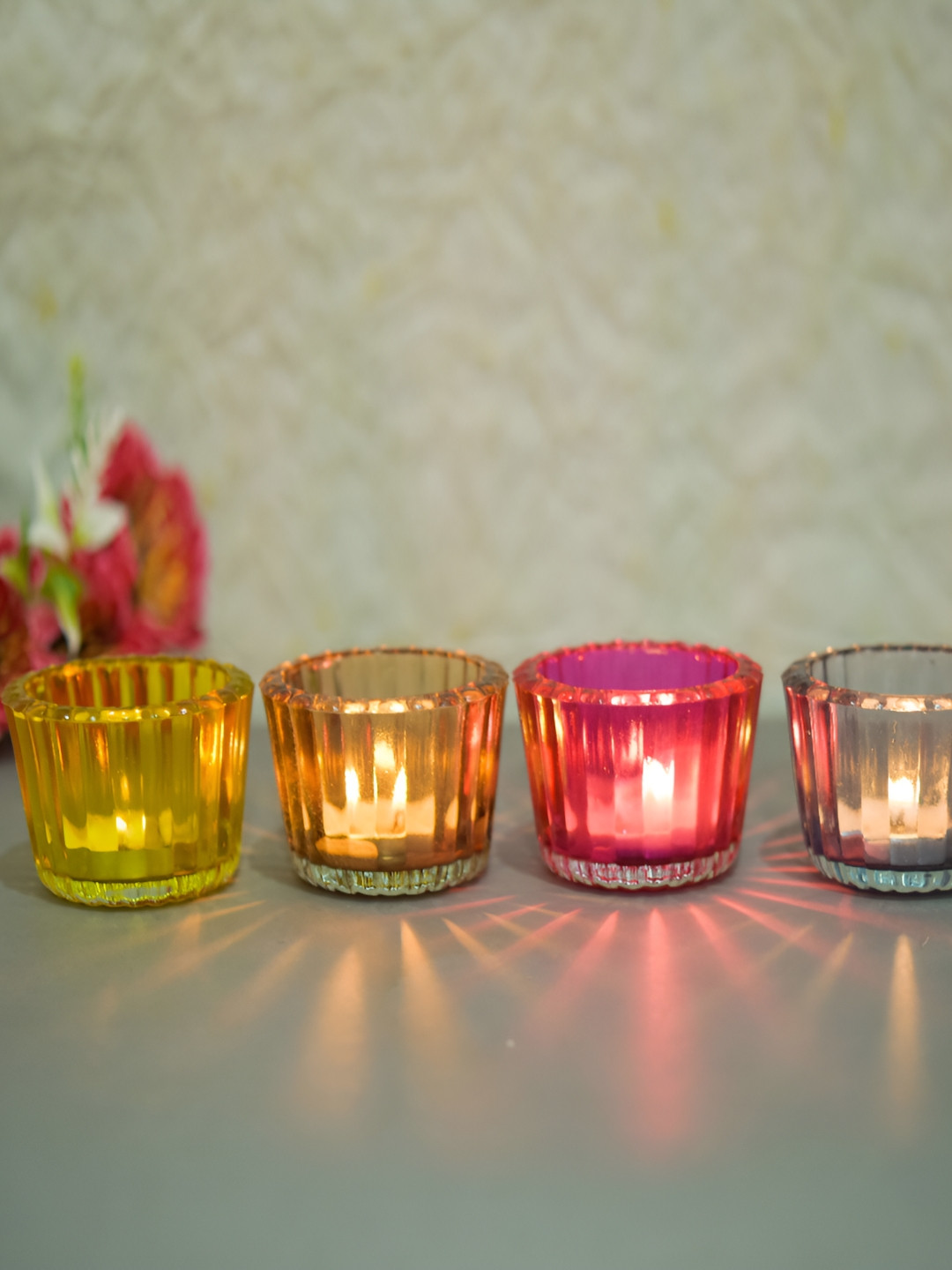 oggn Pink And Yellow 4 Pieces Glass Candle Holders