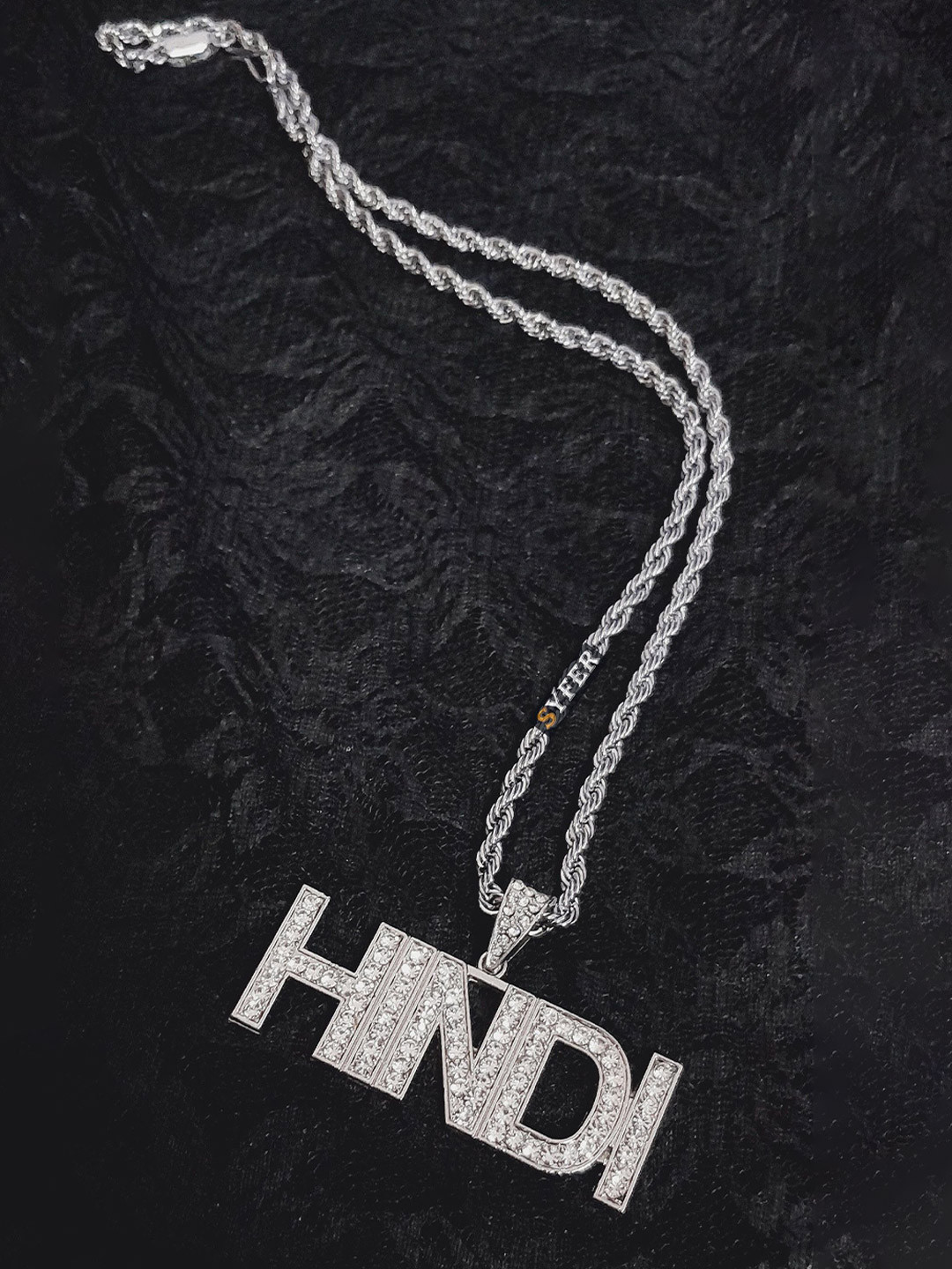 shobhram Rhodium-Plated Stone-Studded Hindi Typography Pendant With Chain