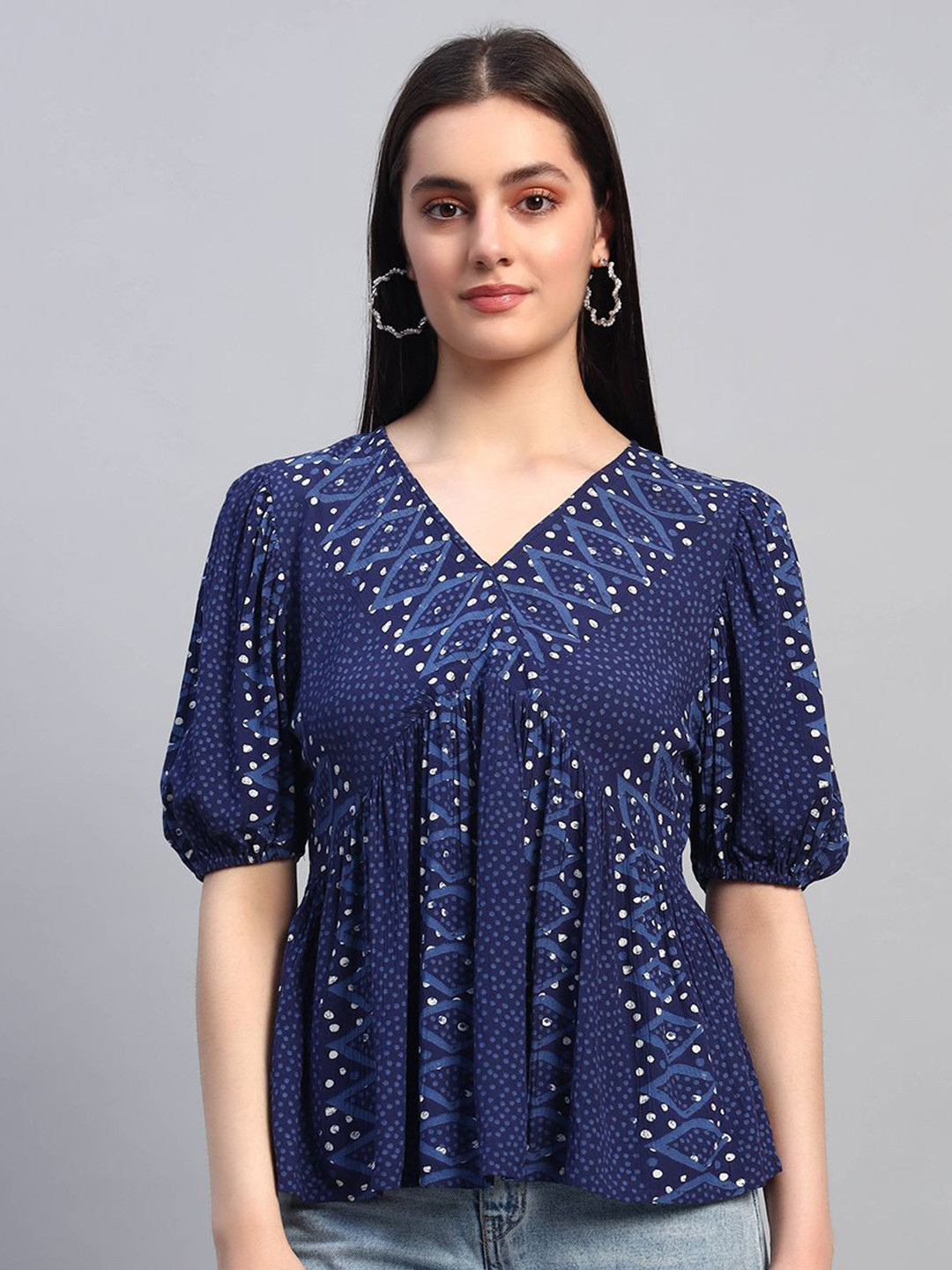 VELDRESS Women Geometric Print Puff Sleeve Peplum Top