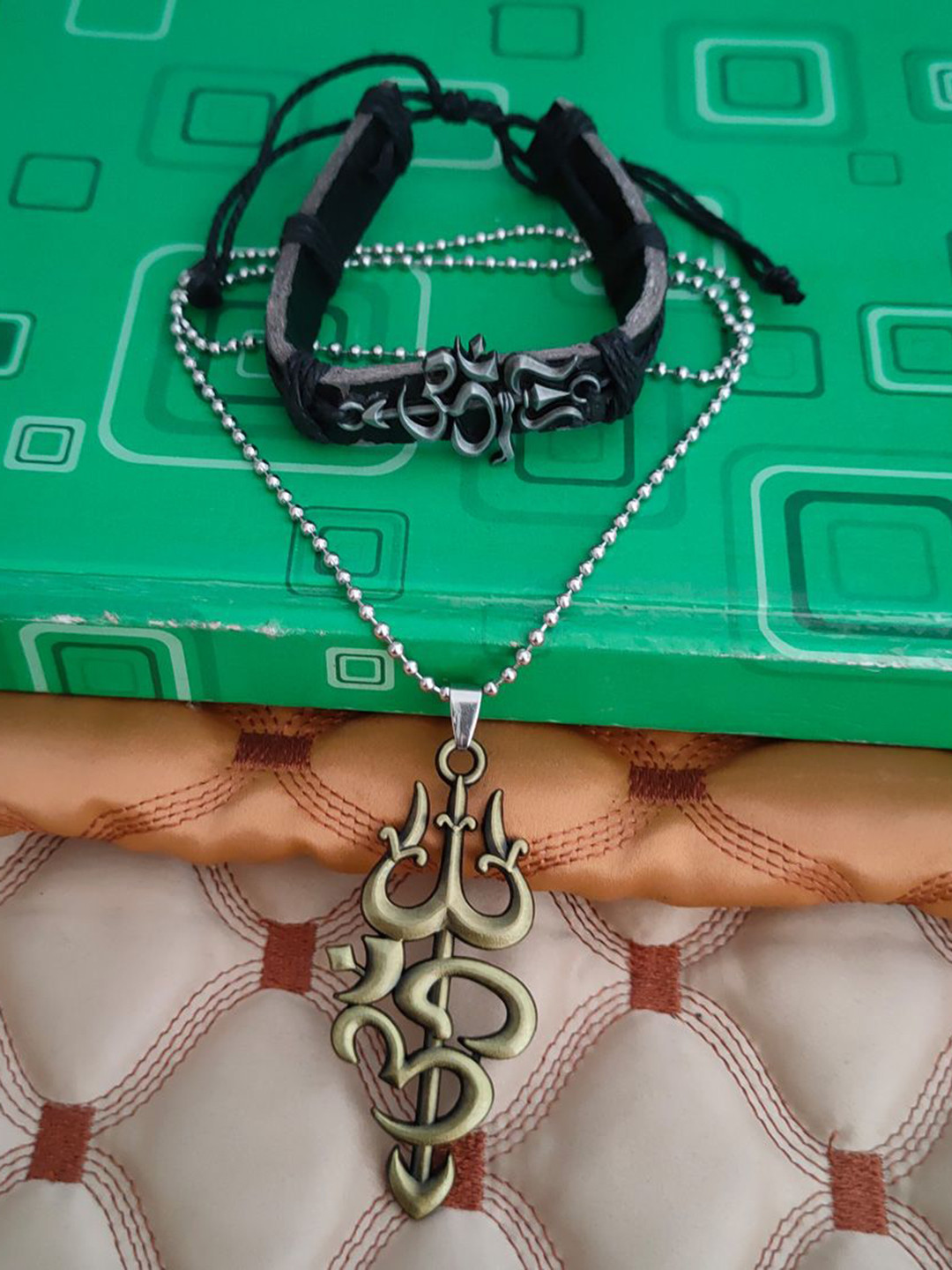 M Men Style Gold-Plated Contemporary Religious Mahadev Leather Bracelet And Pendant Shiv