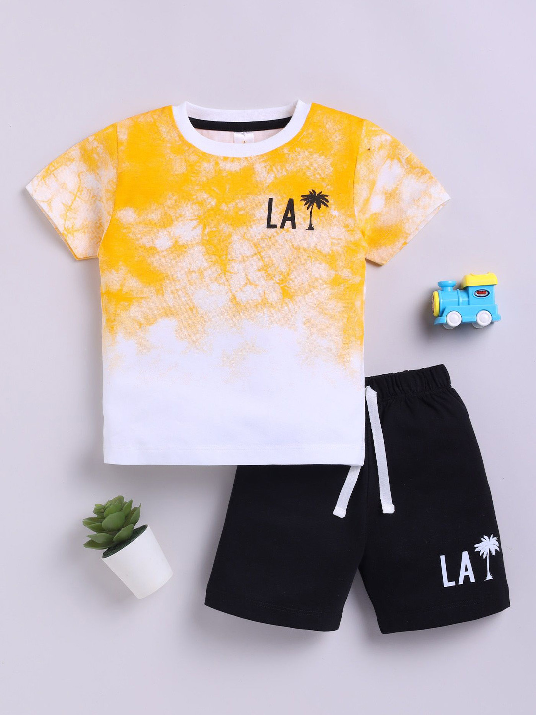 LITTLE NINJA Boys Tie- &Dye Round Neck Short Sleeves Pure Cotton T-shirt With Shorts