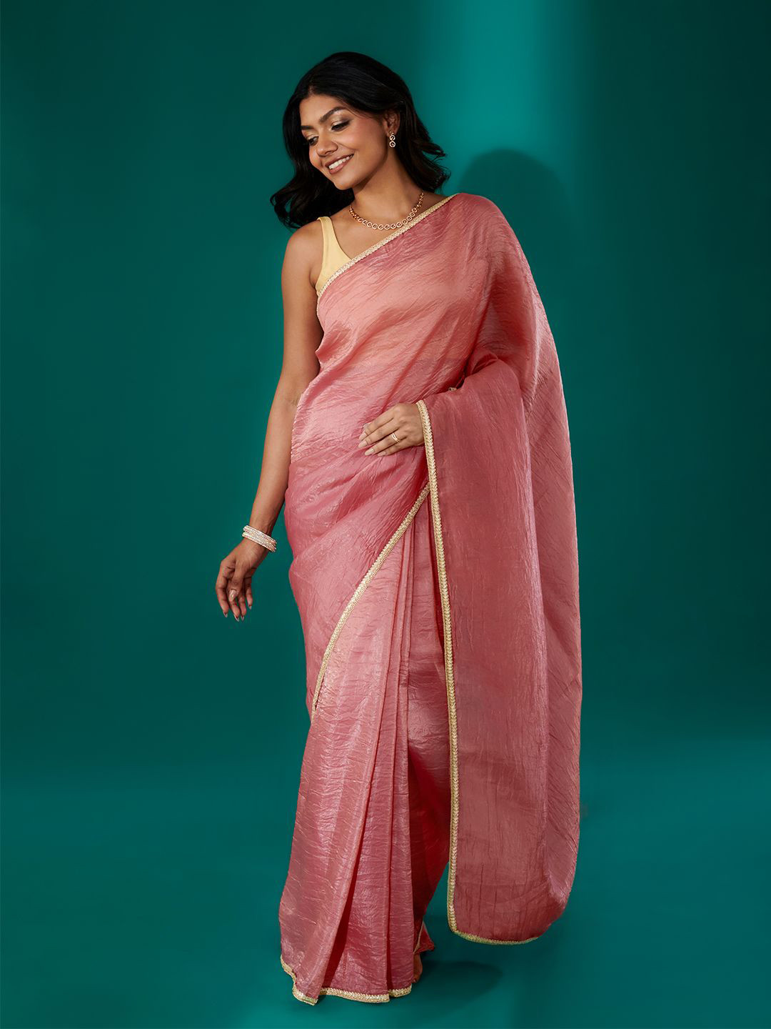 TEEJH Teertha Blush Pink Shimmer Tissue Saree