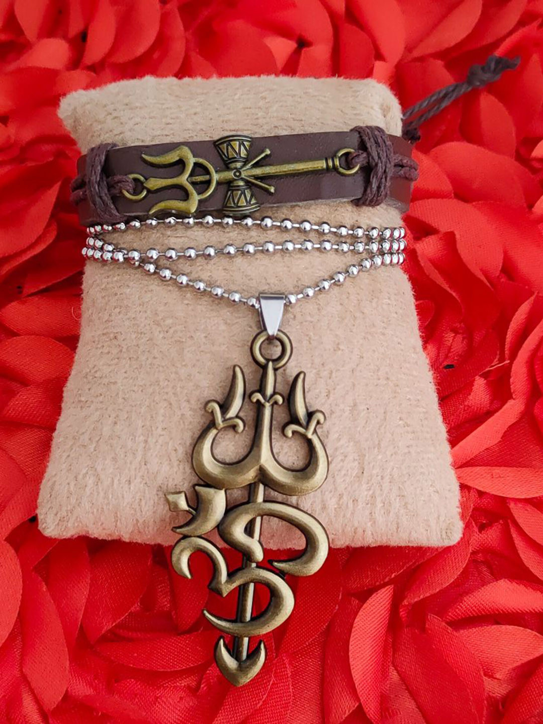 M Men Style Stainless Steel Gold-Plated Mahadev Pendants With Leather Bracelet