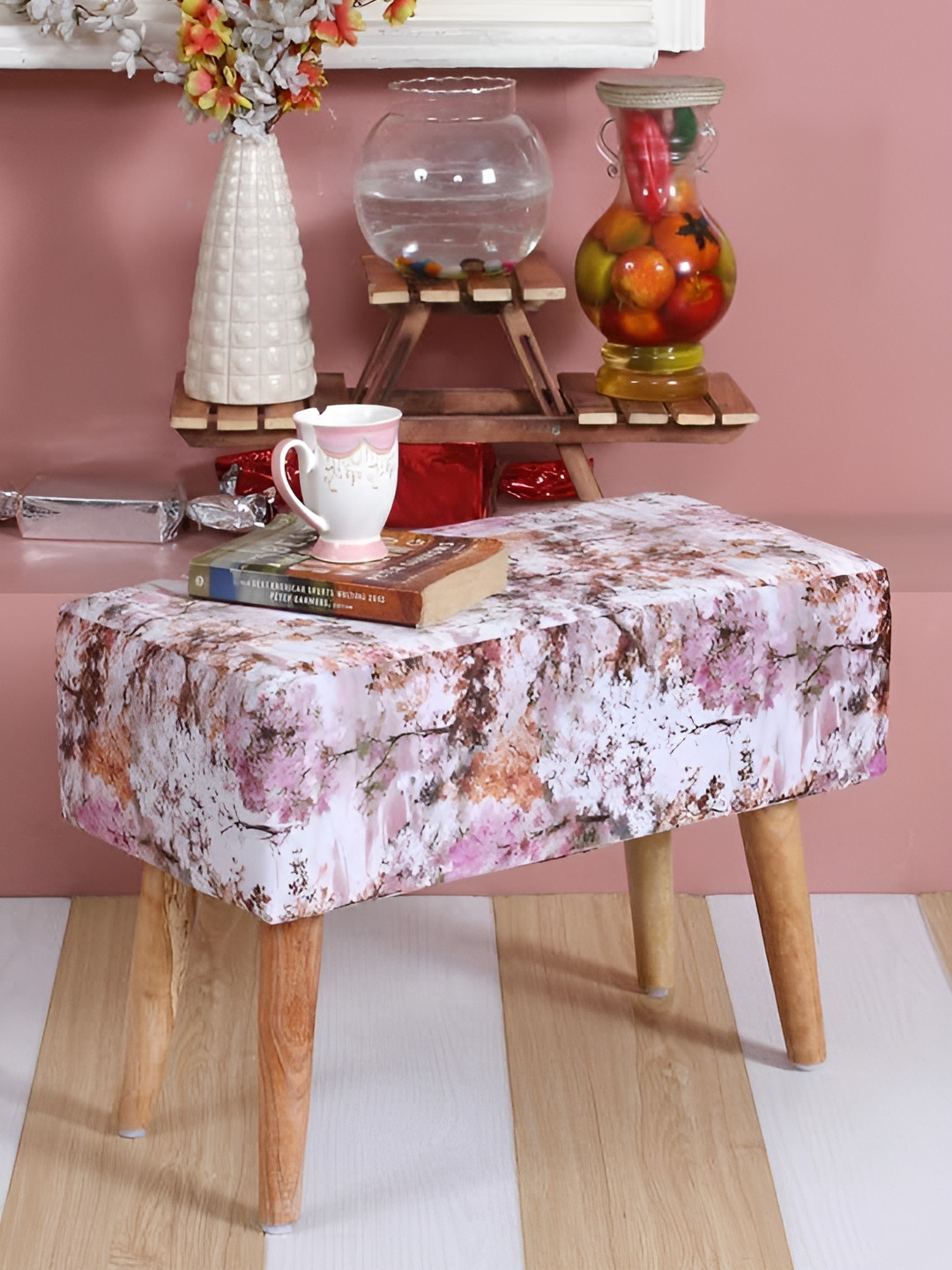 Shadowkart White Printed Wooden Rectangular Bench